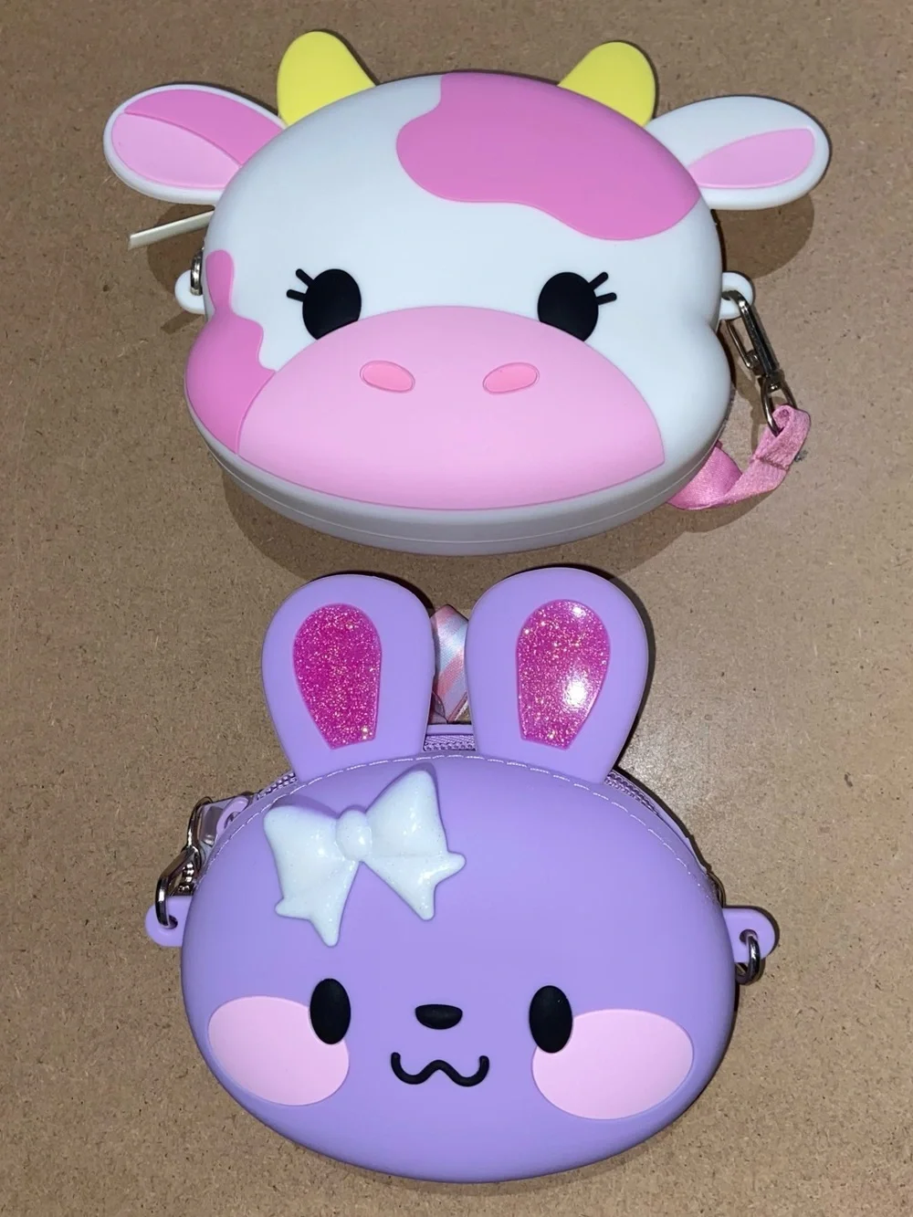 CLAIRE’S CLUB Crossbody Rubber Pouch Bag Zip Cow & Bunny Bundle Of 2ea